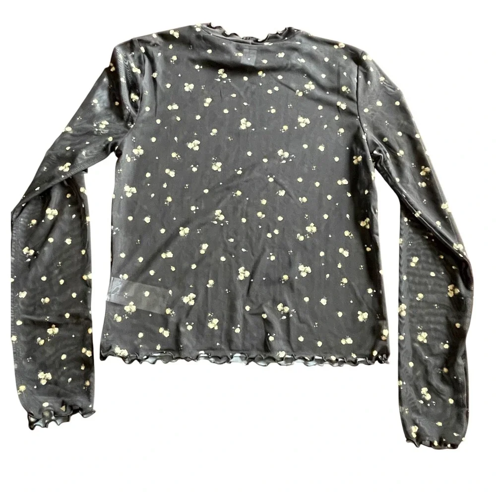 Old Navy Kids Girl XL 14-16 Black Floral Sheer Mesh Long Sleeve Lettuce Edge Top